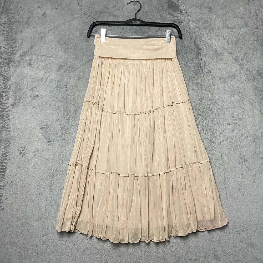 Y2K Tiered Mesh Midi Skirt Beige Pull On Boho Peasant Cottagecore Medium